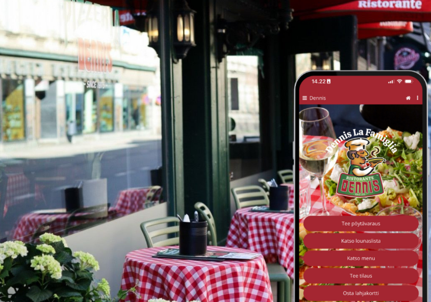 Dennis-ravintolan terassi punavalkoisine pöytäliinoineen ja puhelimen näytöllä näkyvä Dennis La Famiglia -sovellus, jossa voi tehdä pöytävarauksen, tilata ruokaa ja käyttää kanta-asiakasetuja.